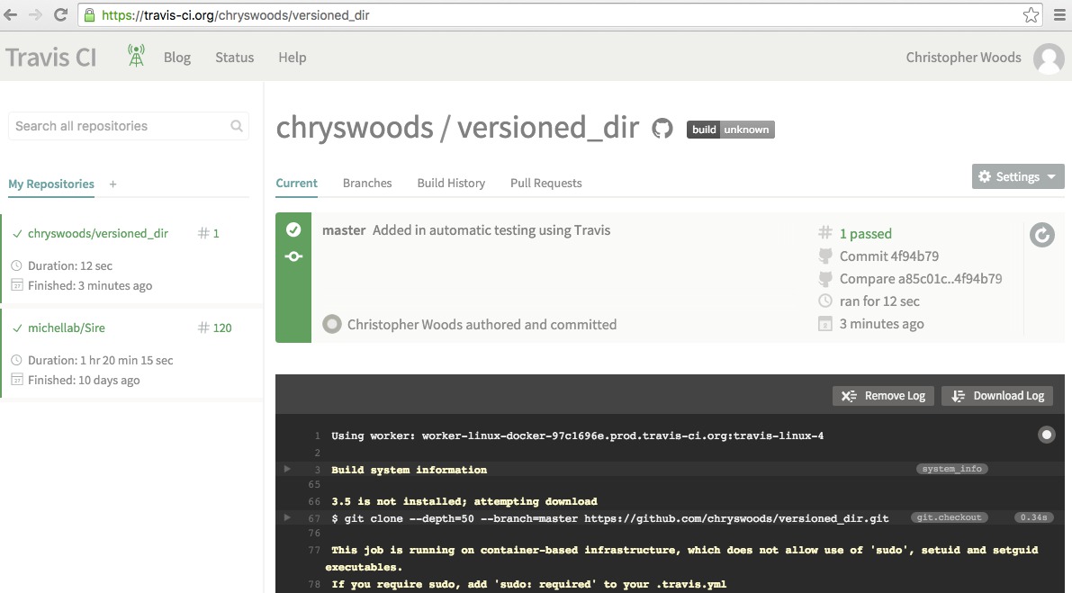 Image showing build on Travis